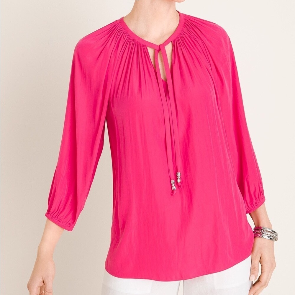Chicos Women Sz 0 US 4/6 Pink Satin Shirred Tie-Neck Raglan Sleeve Blouse